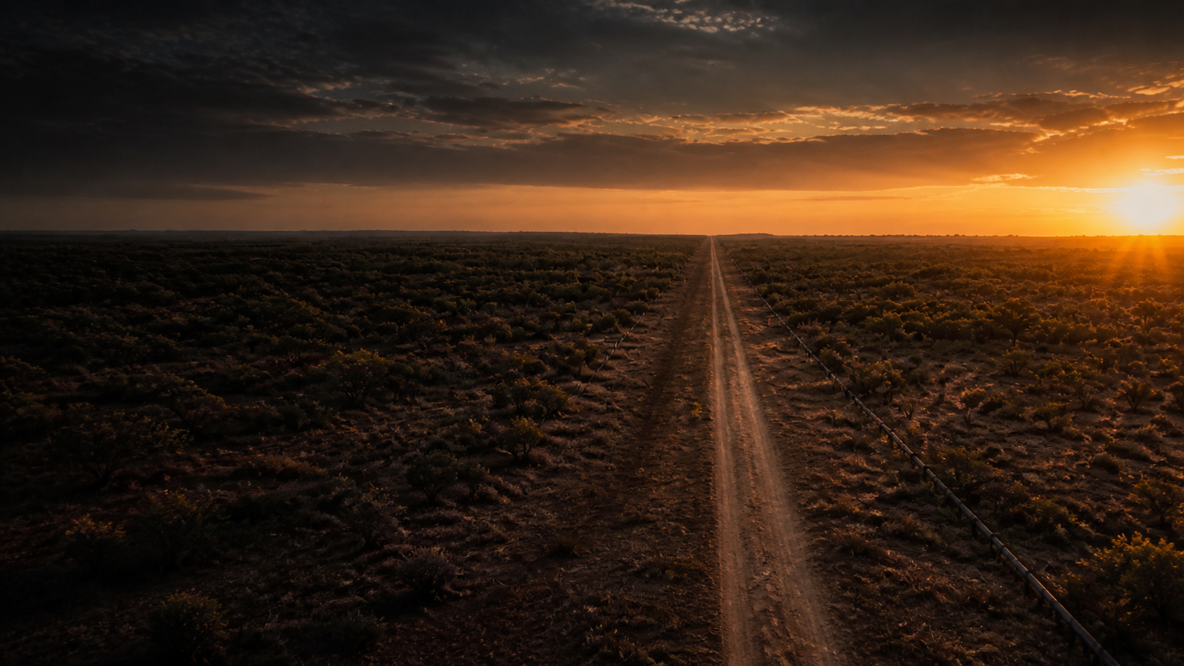 A straight right-of-way corridor crossing Texas scrub land at sunset